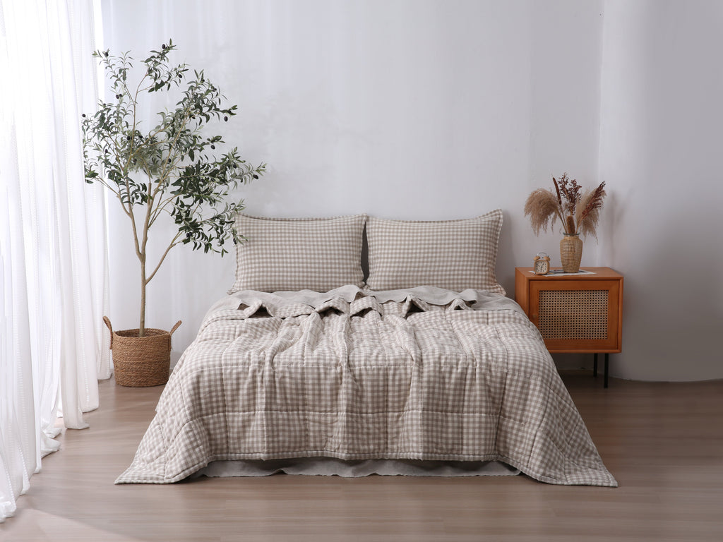 Quilted Linen Blanket - Beige Gingham