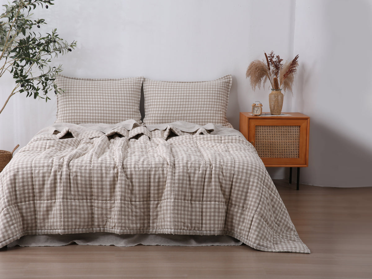 Quilted Linen Blanket - Beige Gingham