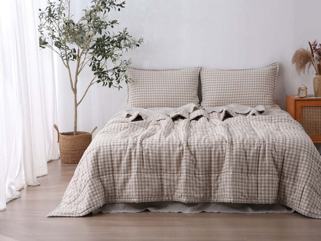 Quilted Linen Blanket - Beige Gingham