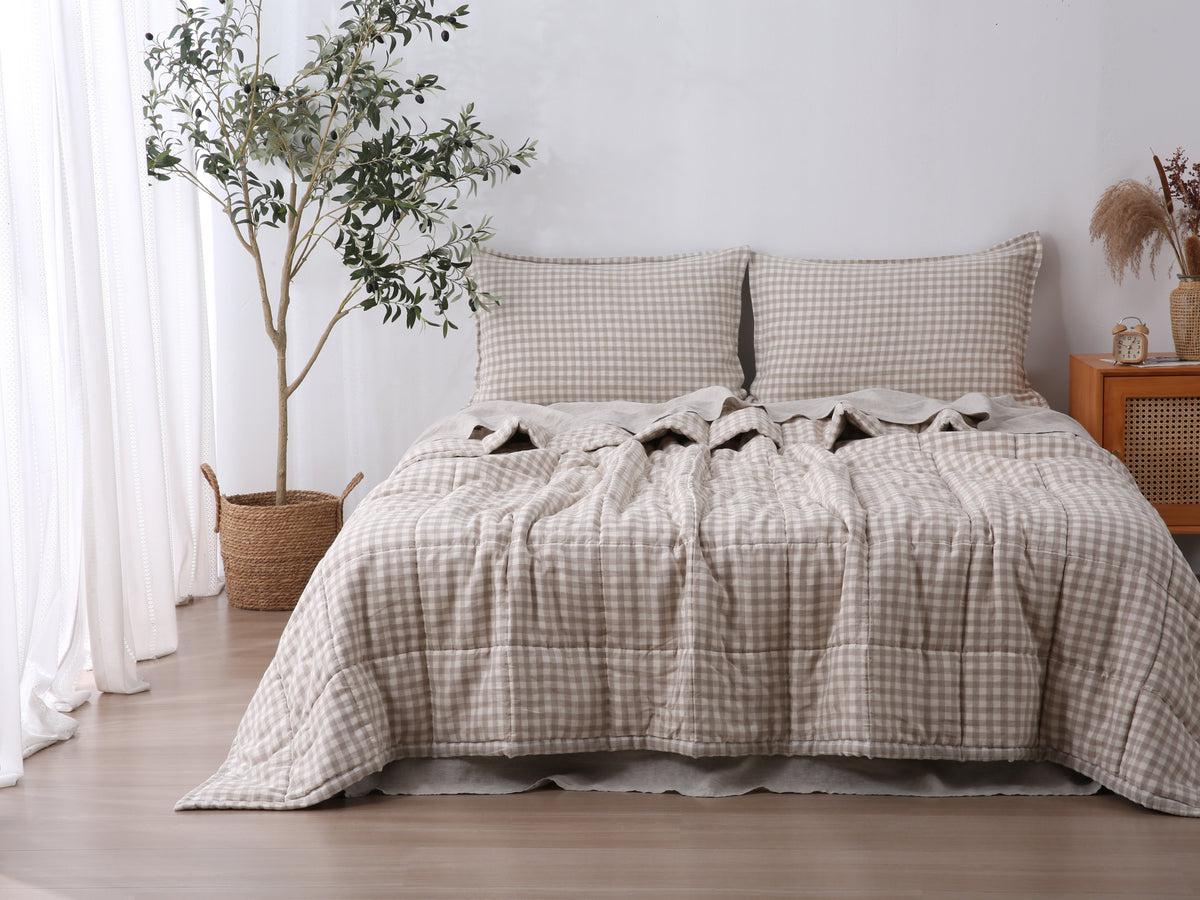 Quilted Linen Blanket - Beige Gingham
