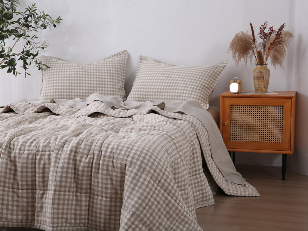 Quilted Linen Blanket - Beige Gingham