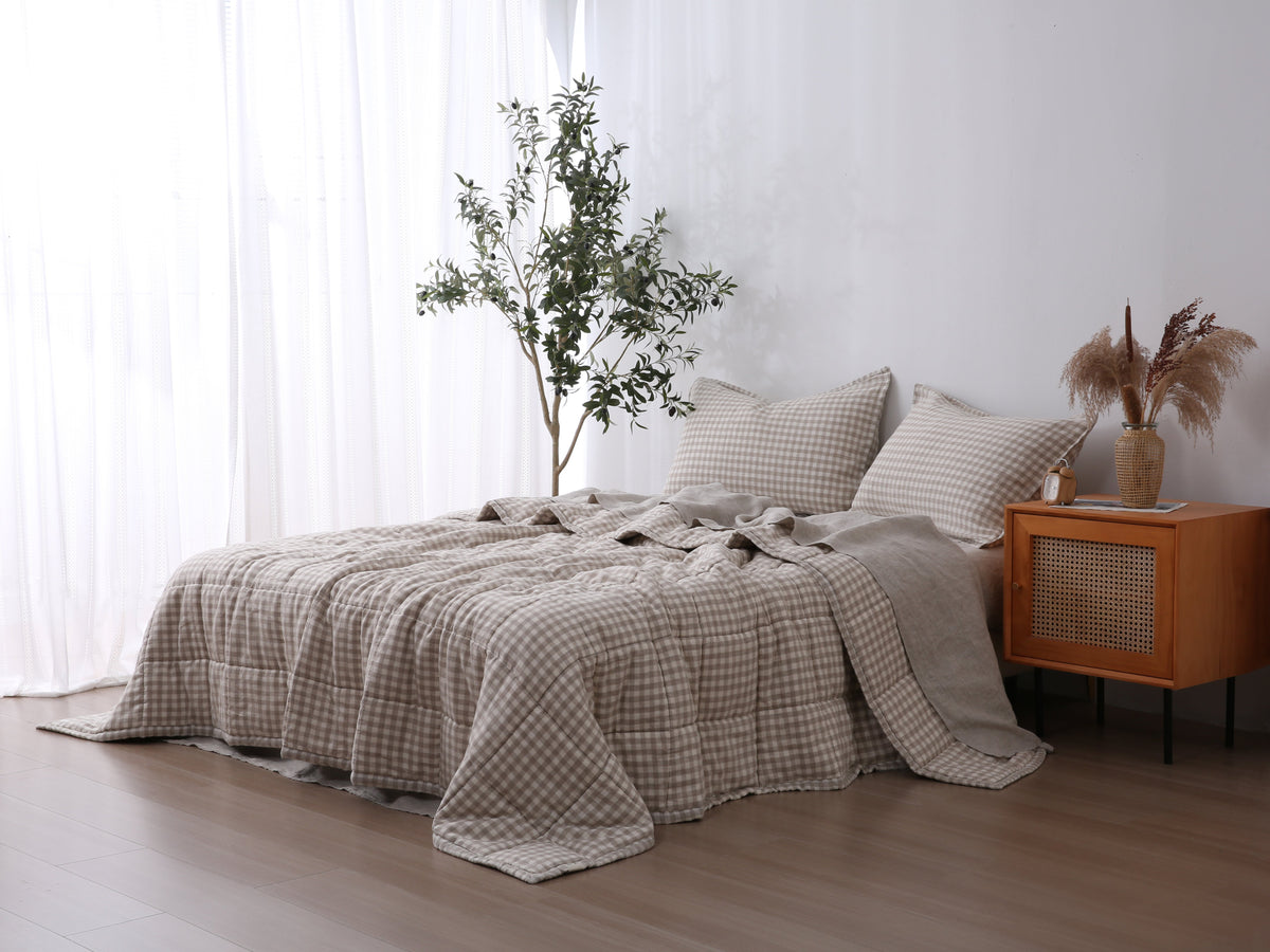 Quilted Linen Blanket - Beige Gingham