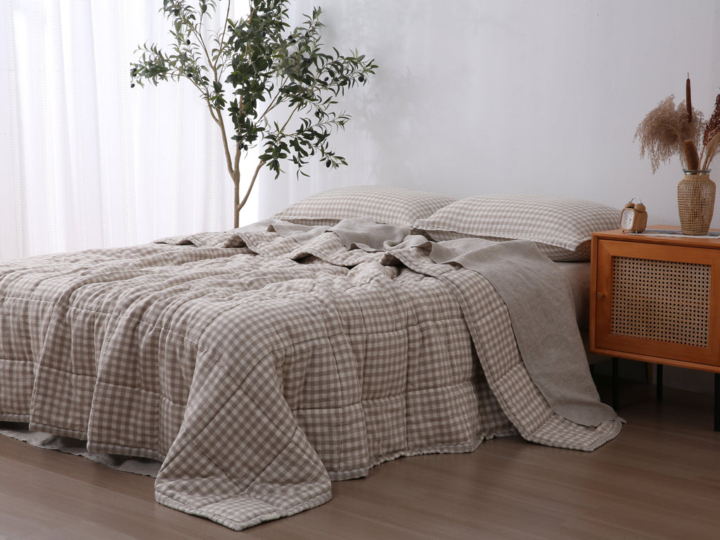 Quilted Linen Blanket - Beige Gingham