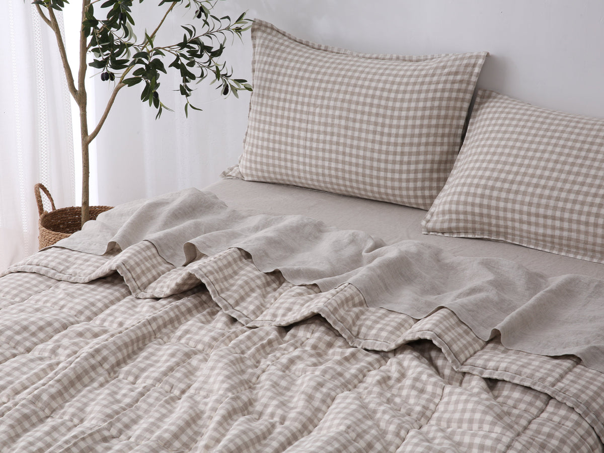 Quilted Linen Blanket - Beige Gingham