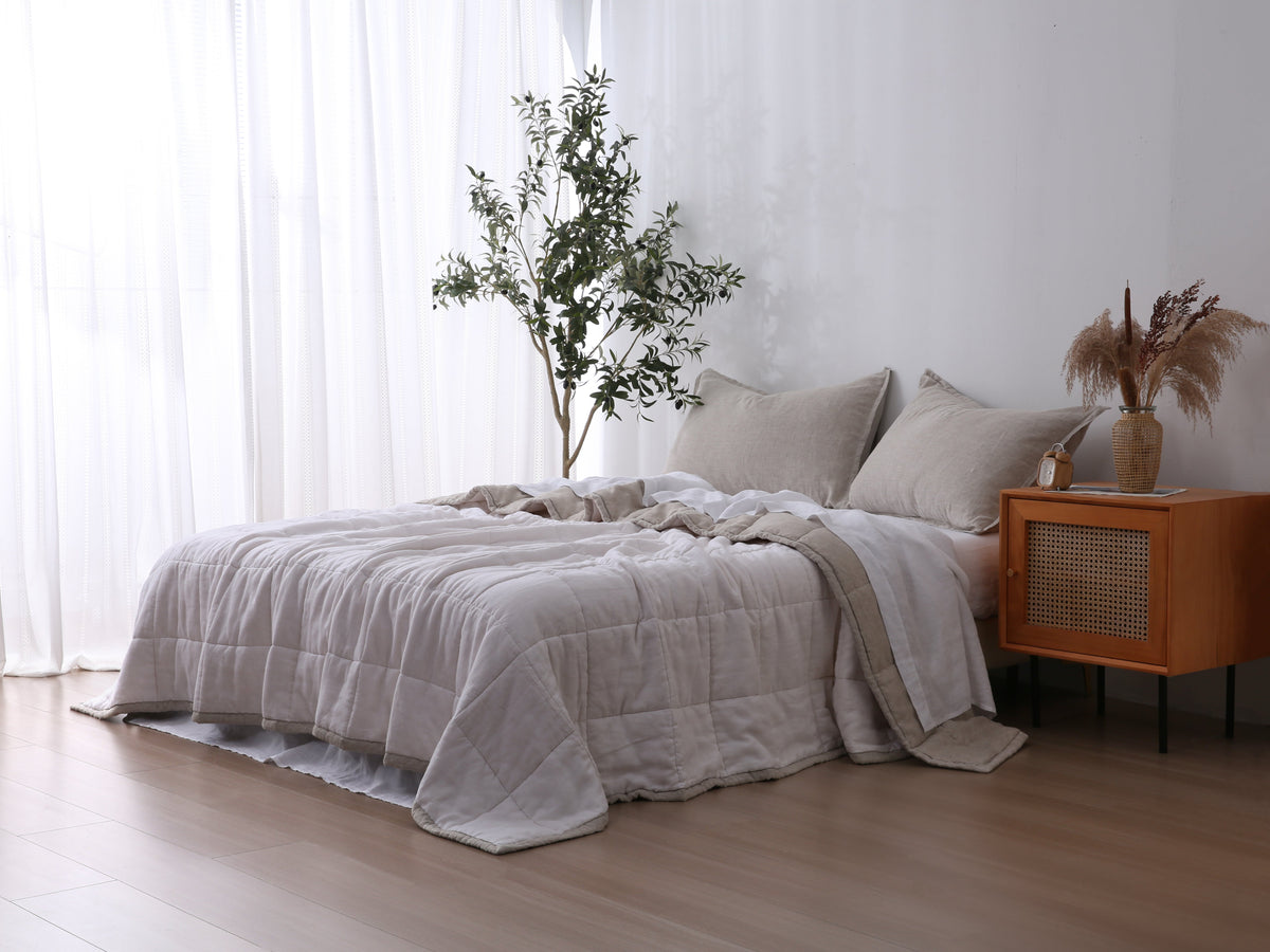 Quilted Linen Blanket - Sand + Snow