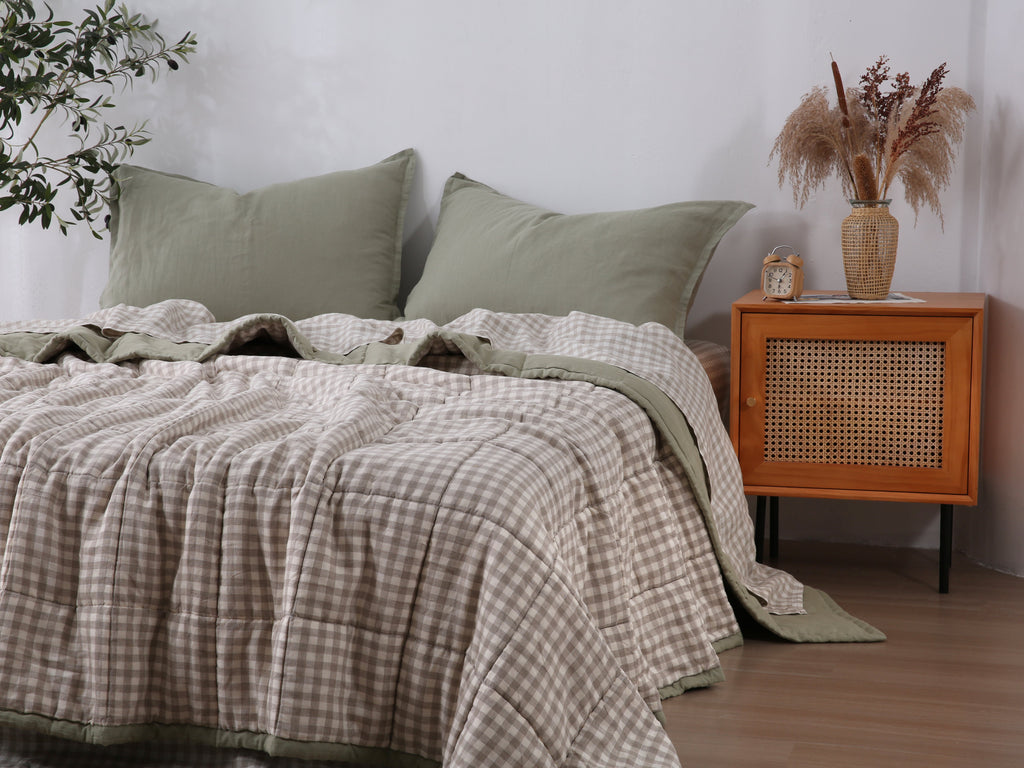 Quilted Linen Blanket - Fern + Beige Gingham
