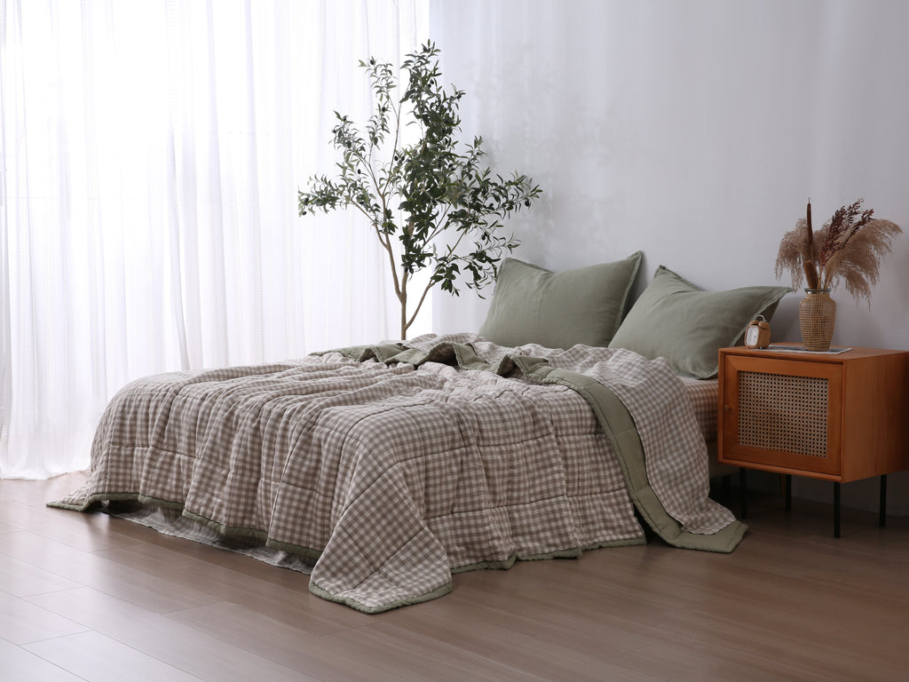 Quilted Linen Blanket - Fern + Beige Gingham