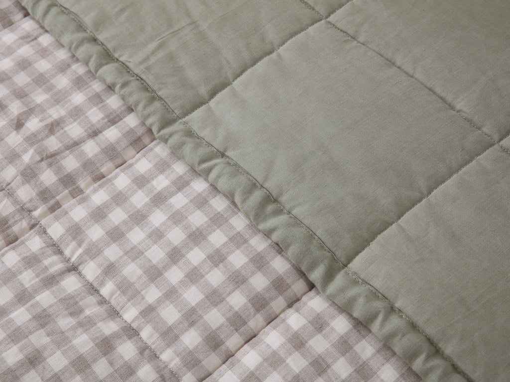 Quilted Linen Blanket - Fern + Beige Gingham