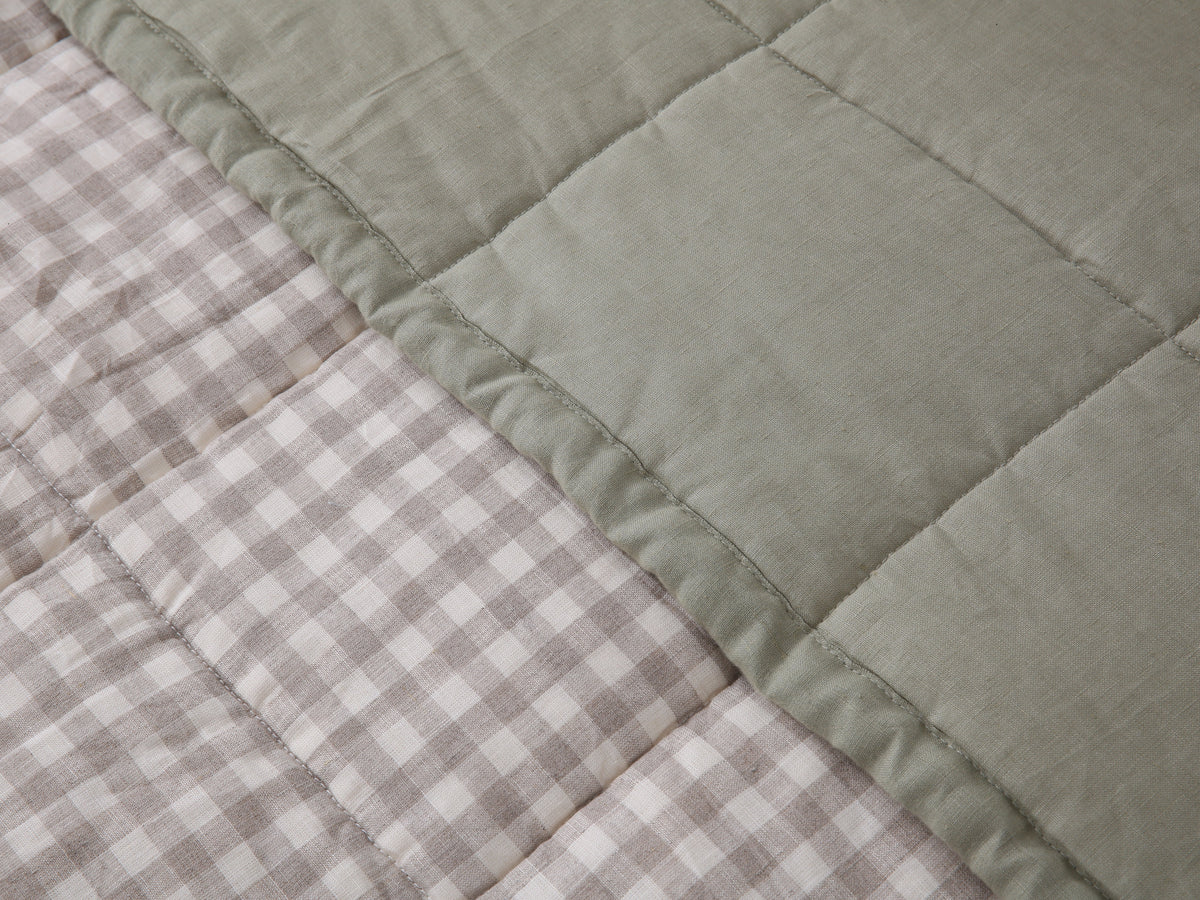 Quilted Linen Blanket - Fern + Beige Gingham