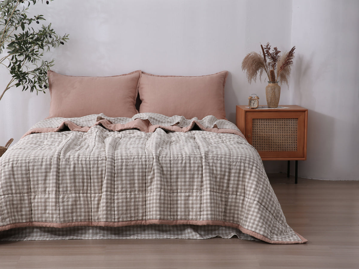 Quilted Linen Blanket - Pink Clay + Beige Gingham
