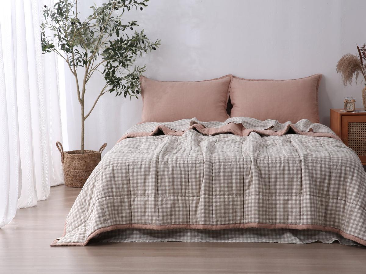 Quilted Linen Blanket - Pink Clay + Beige Gingham