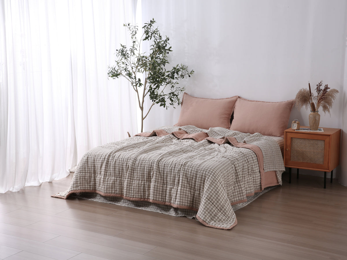 Quilted Linen Blanket - Pink Clay + Beige Gingham