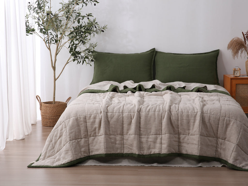 Quilted Linen Blanket - Forest + Sand