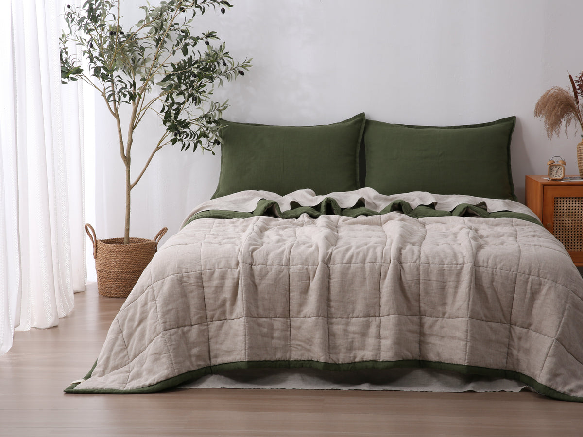 Quilted Linen Blanket - Forest + Sand