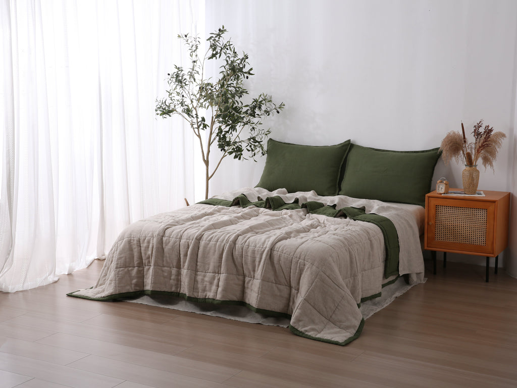 Quilted Linen Blanket - Forest + Sand