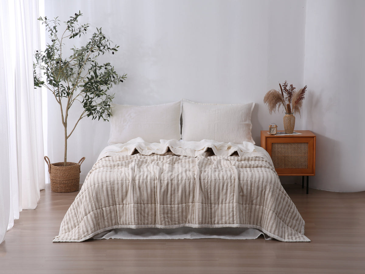 Quilted Linen Blanket - Cloud + Sand Stripe