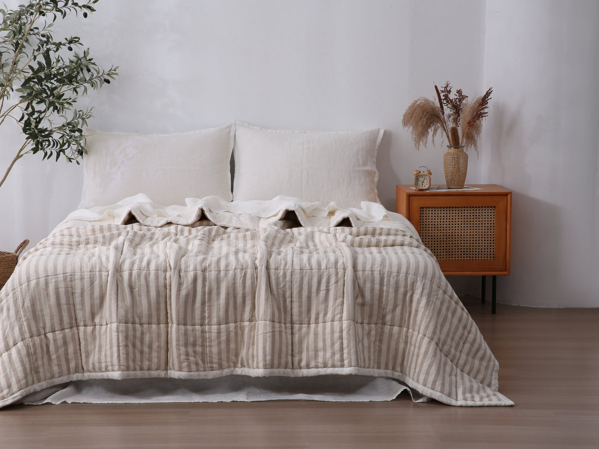 Quilted Linen Blanket - Cloud + Sand Stripe