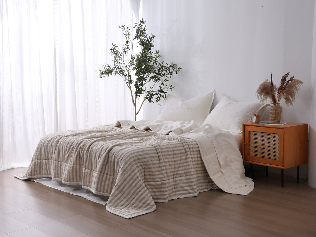 Quilted Linen Blanket - Cloud + Sand Stripe