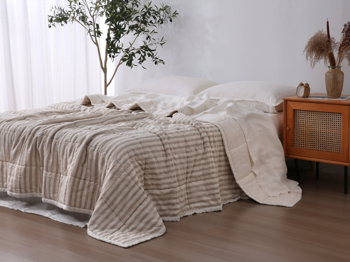 Quilted Linen Blanket - Cloud + Sand Stripe