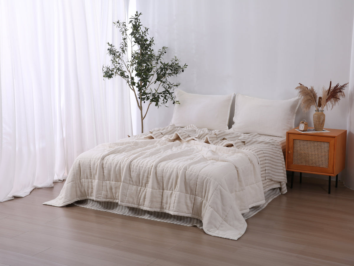 Quilted Linen Blanket - Cloud + Sand Stripe