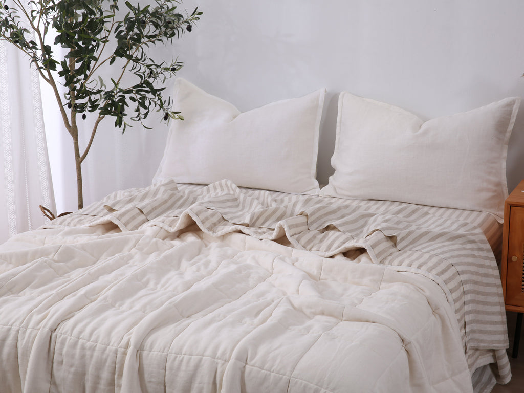 Quilted Linen Blanket - Cloud + Sand Stripe