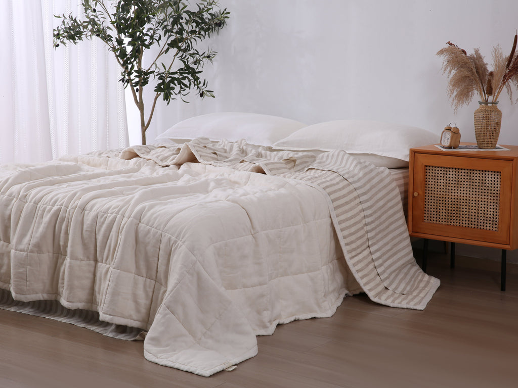 Quilted Linen Blanket - Cloud + Sand Stripe