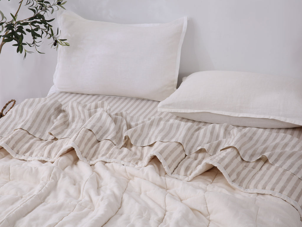 Quilted Linen Blanket - Cloud + Sand Stripe