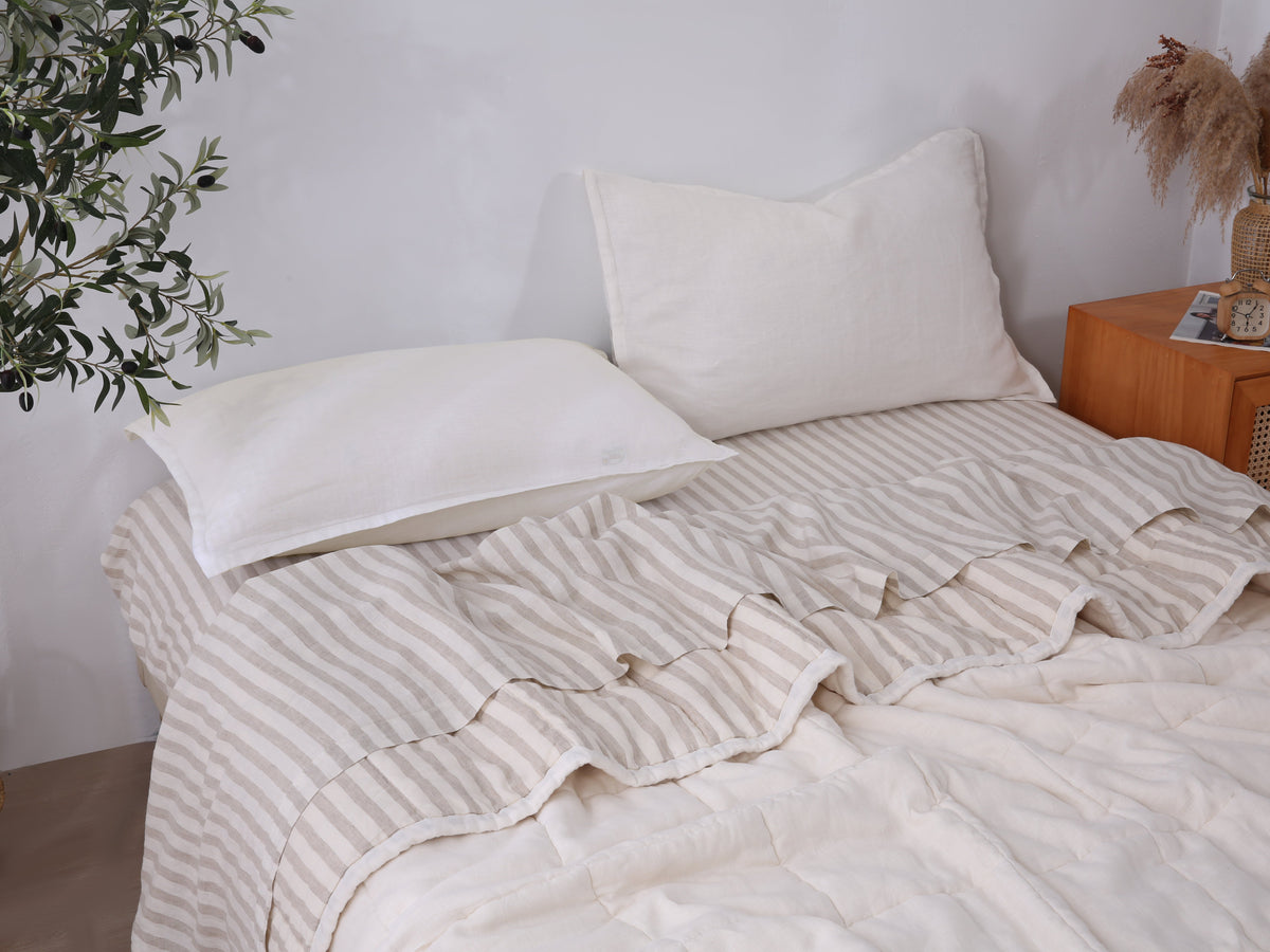Quilted Linen Blanket - Cloud + Sand Stripe