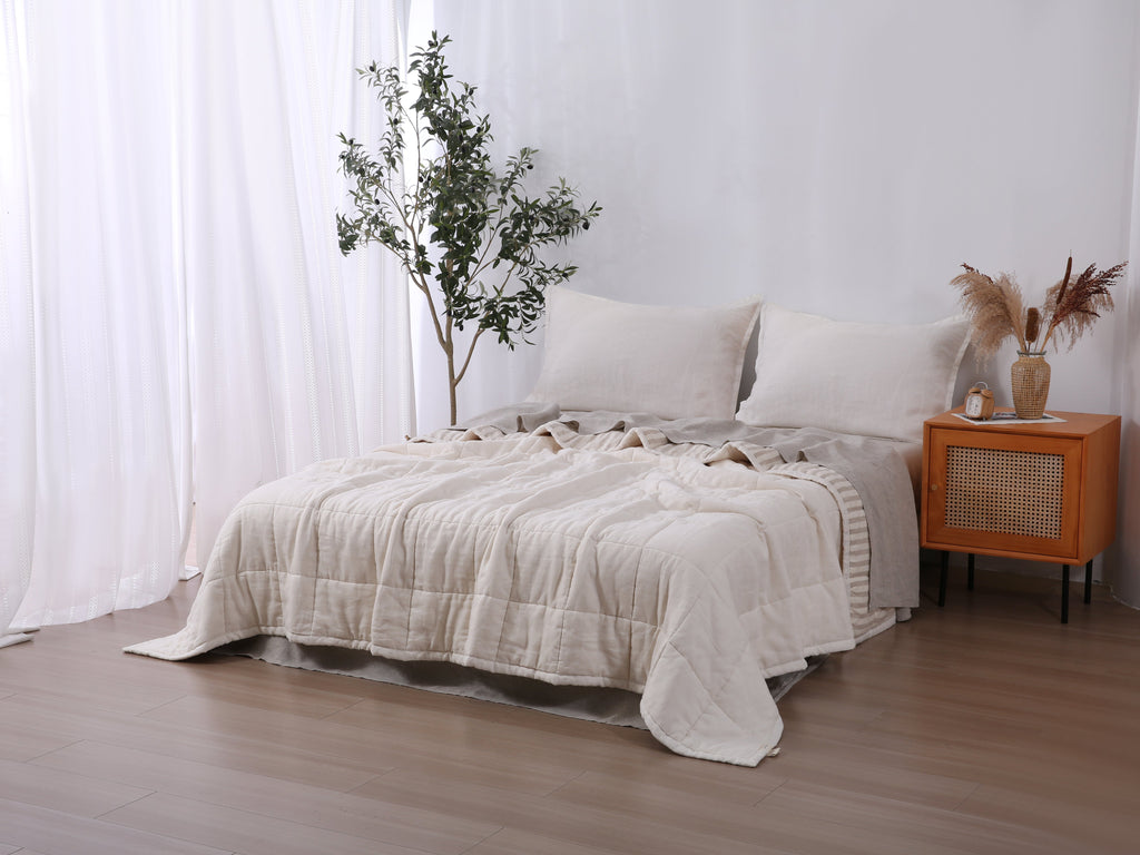 Quilted Linen Blanket - Cloud + Sand Stripe