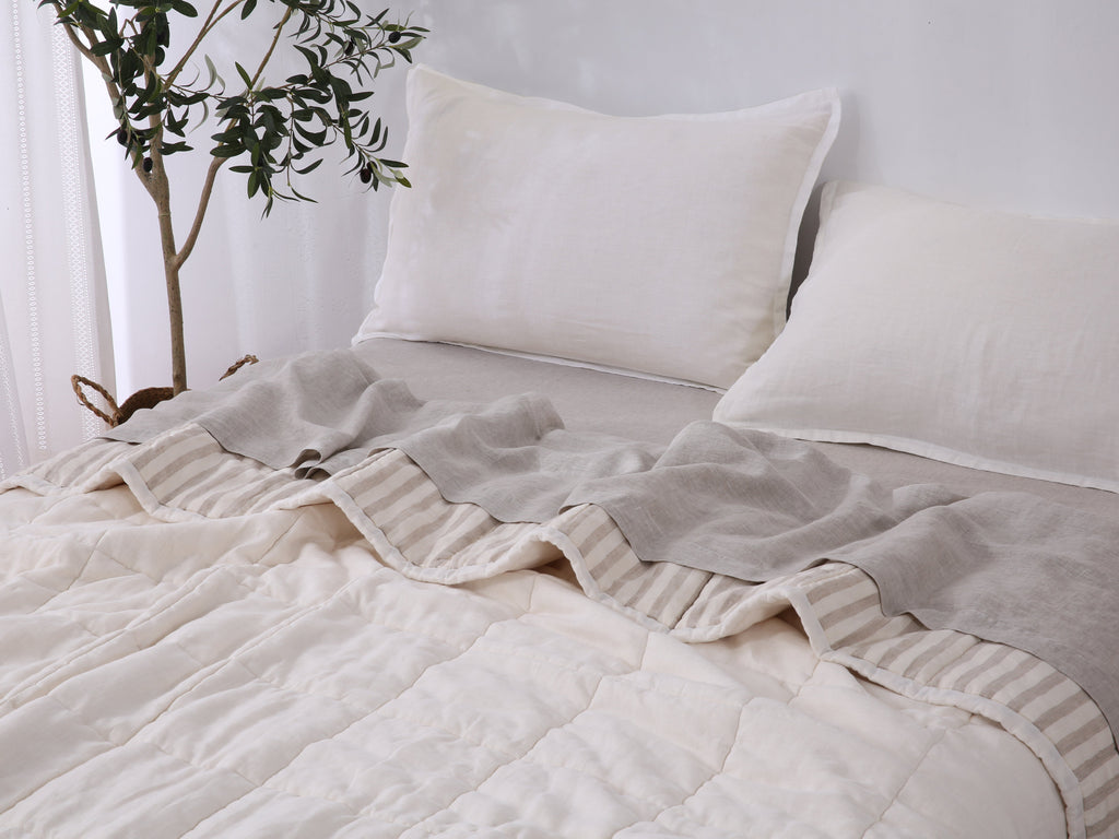 Quilted Linen Blanket - Cloud + Sand Stripe