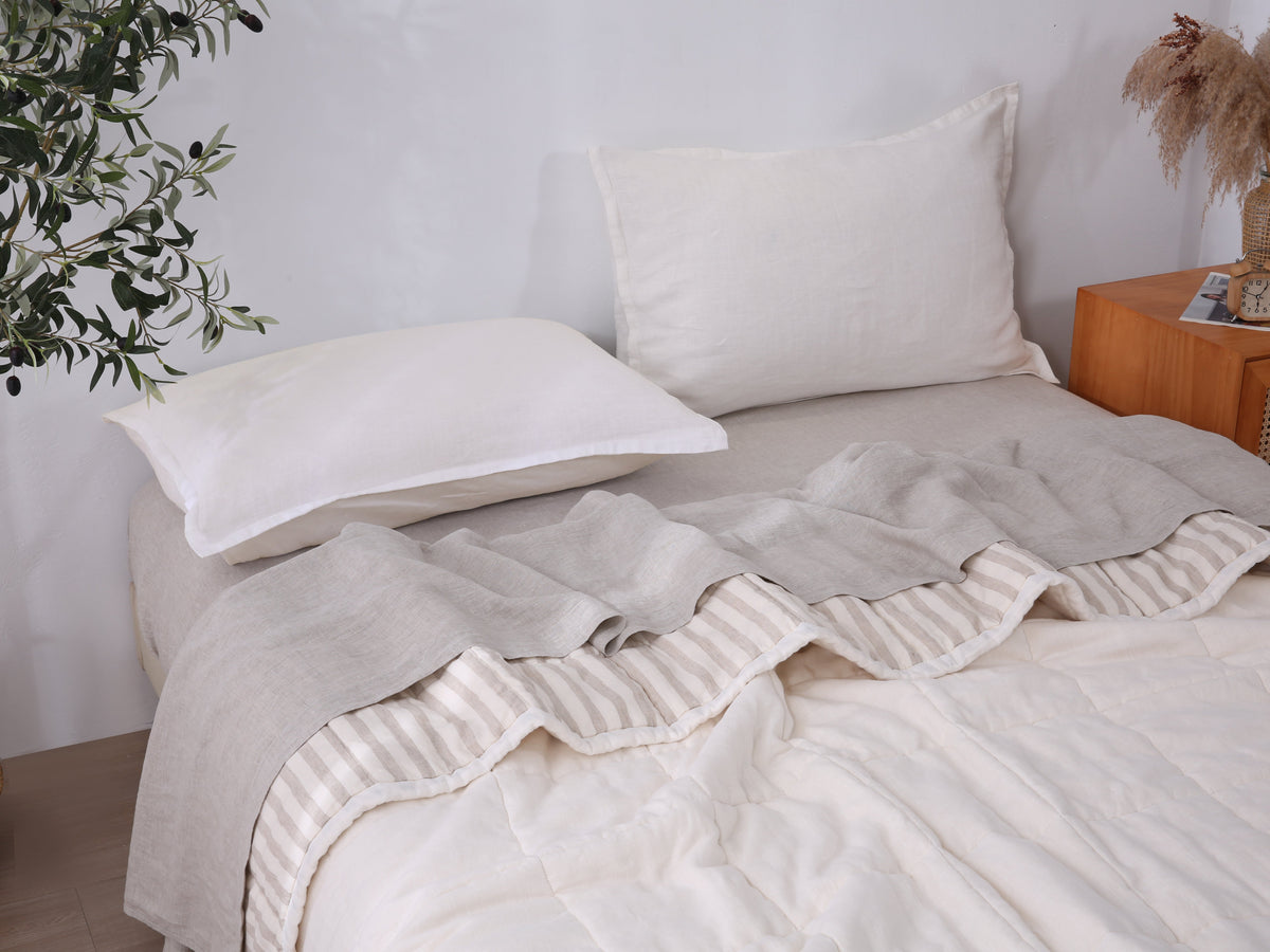 Quilted Linen Blanket - Cloud + Sand Stripe