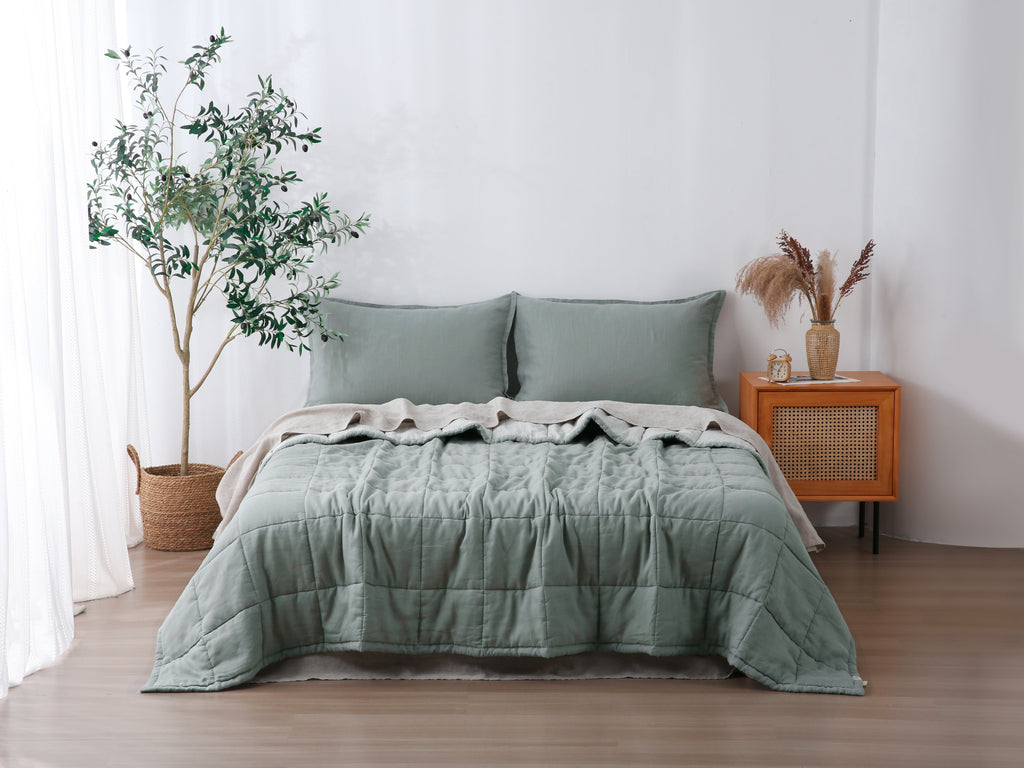 Quilted Linen Blanket - Sage + Pinstripe