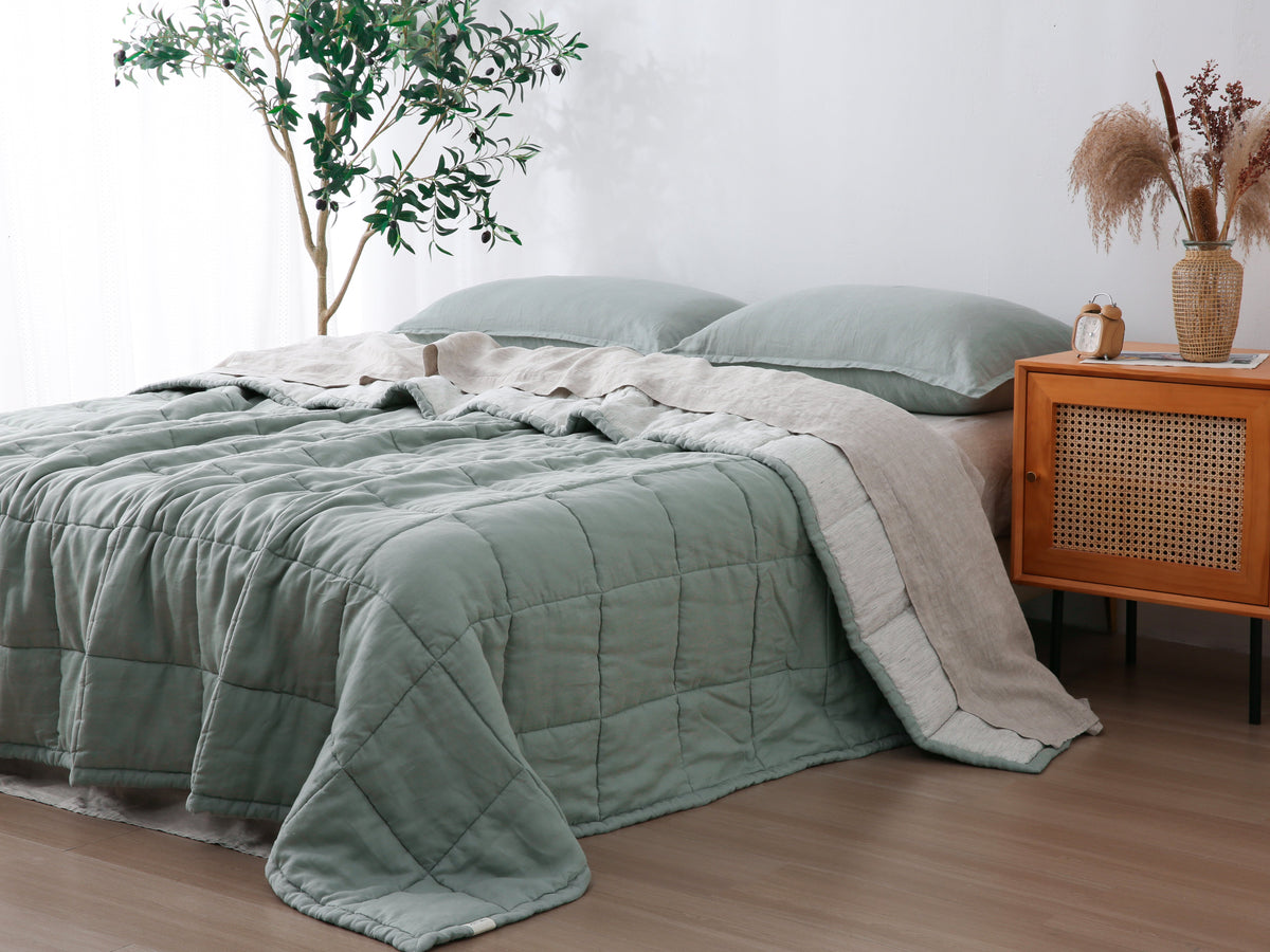 Quilted Linen Blanket - Sage + Pinstripe