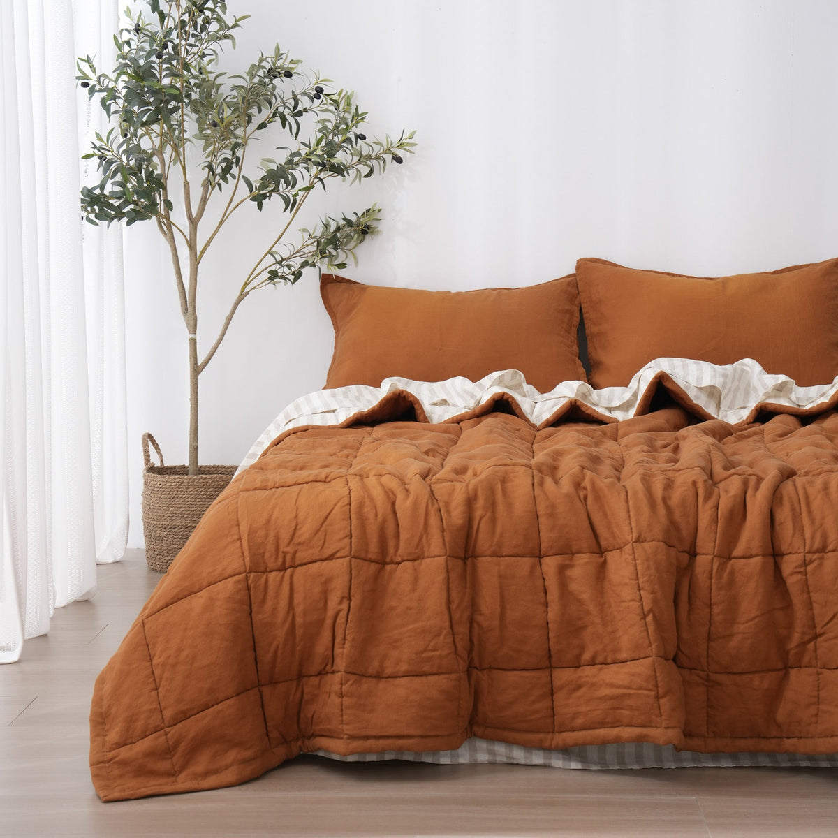 Quilted Linen Blanket - Clay + Sand Stripe