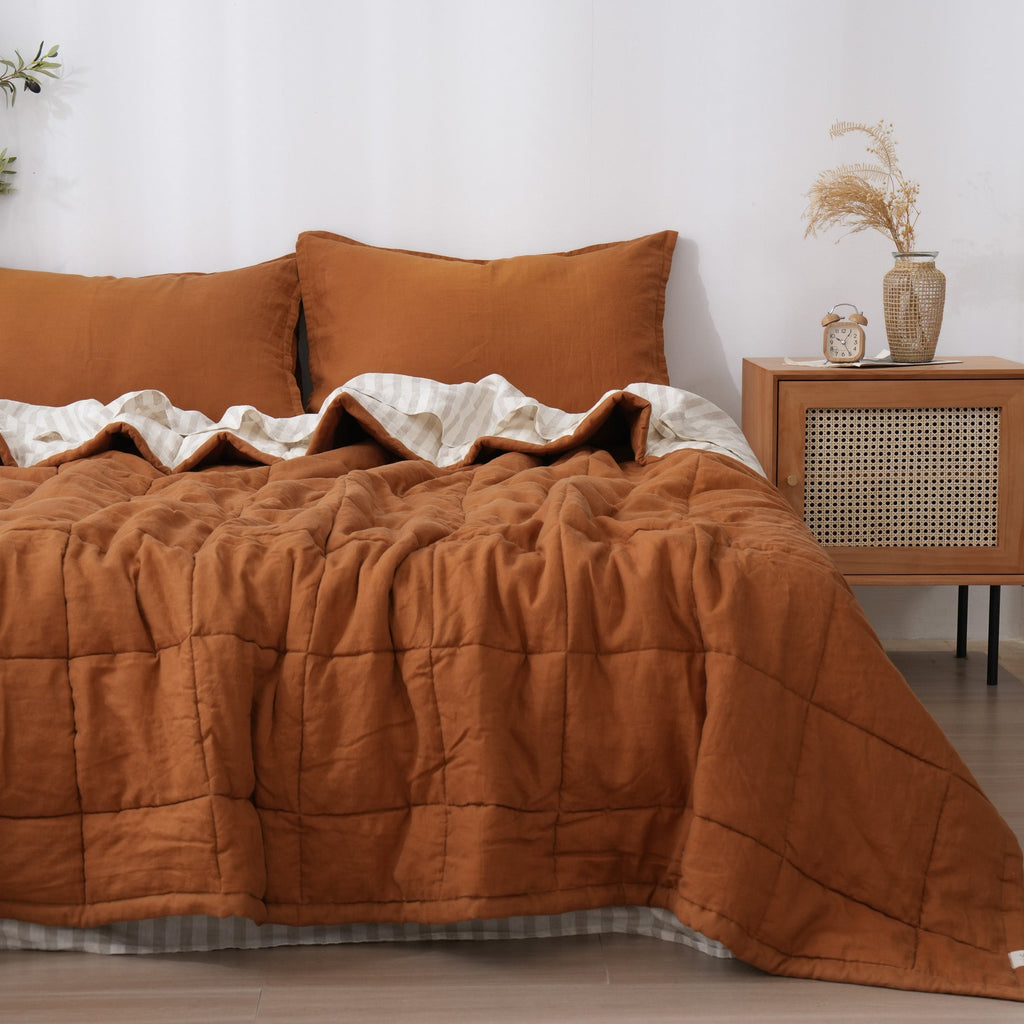 Quilted Linen Blanket - Clay + Sand Stripe
