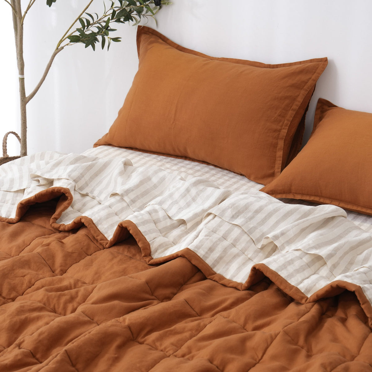 Quilted Linen Blanket - Clay + Sand Stripe