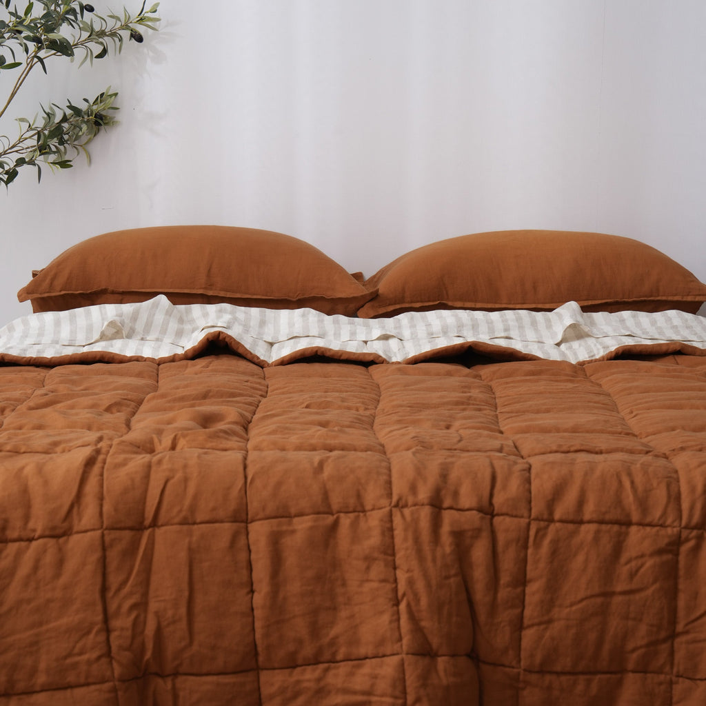 Quilted Linen Blanket - Clay + Sand Stripe