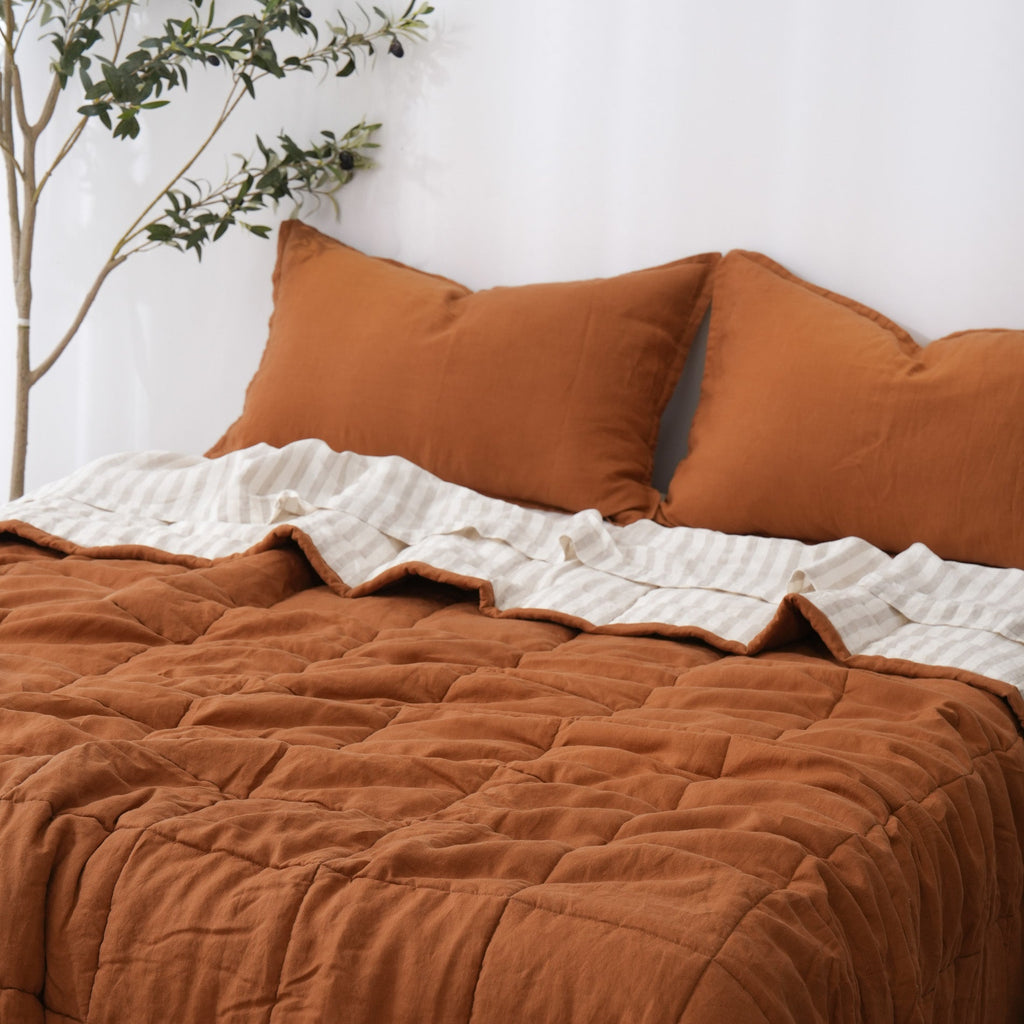 Quilted Linen Blanket - Clay + Sand Stripe