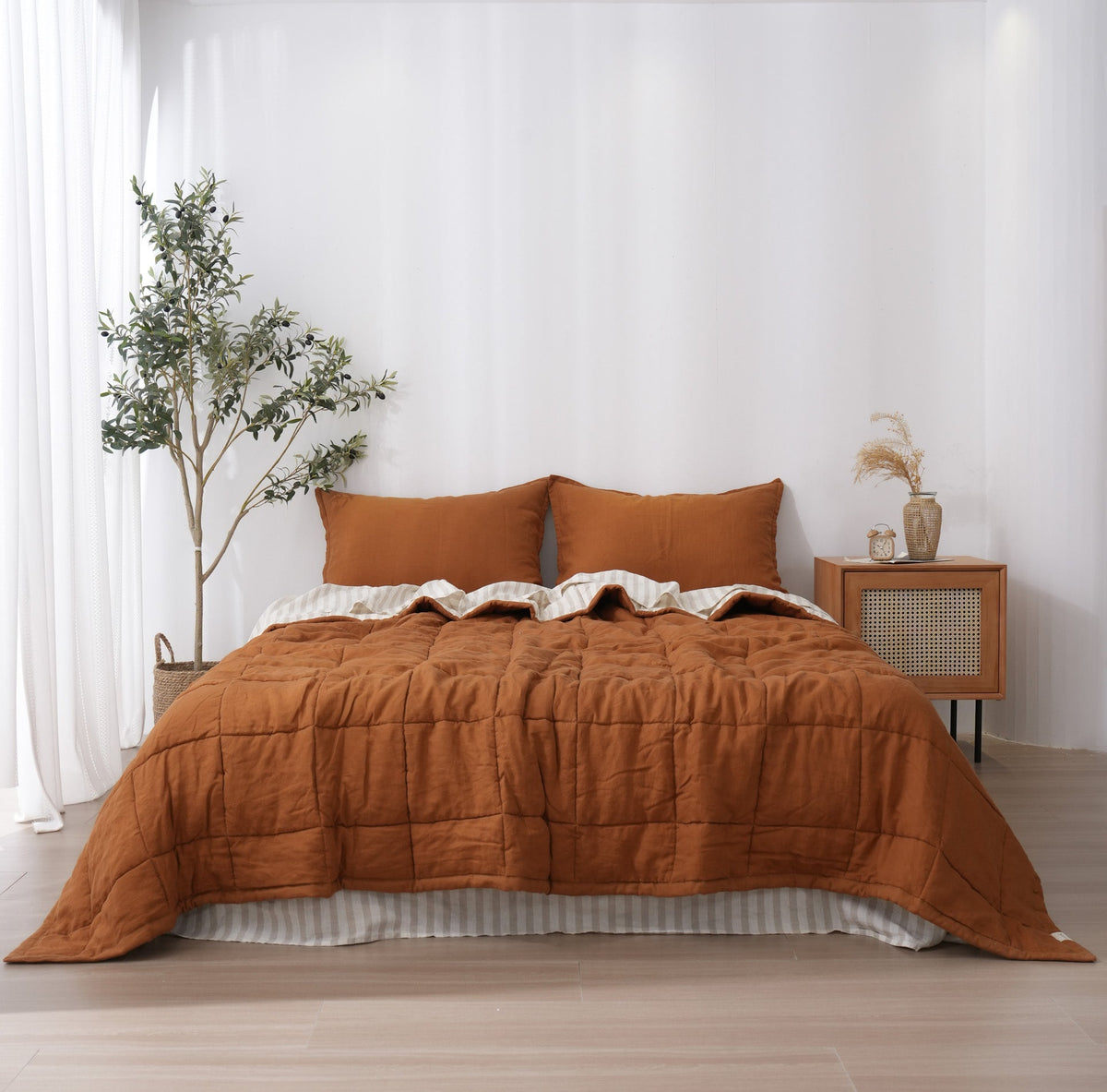 Quilted Linen Blanket - Clay + Sand Stripe