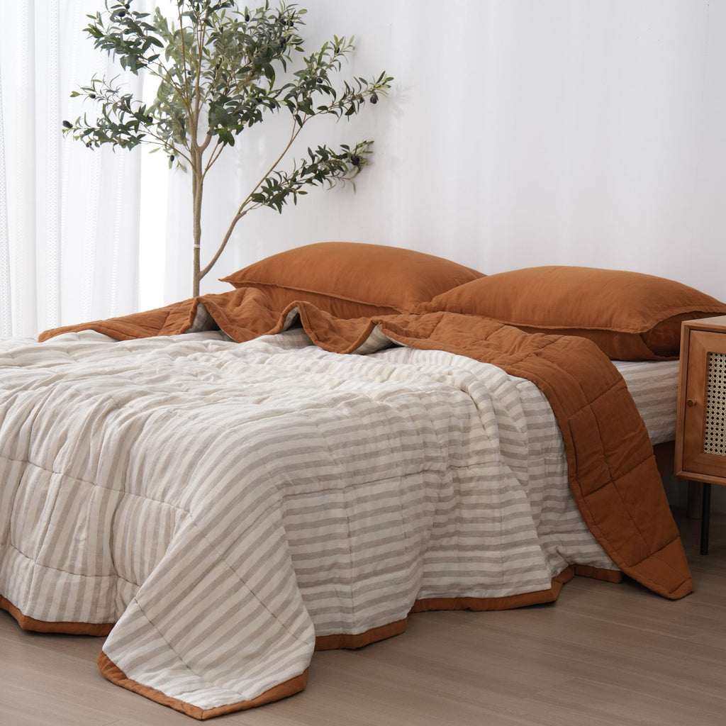 Quilted Linen Blanket - Clay + Sand Stripe