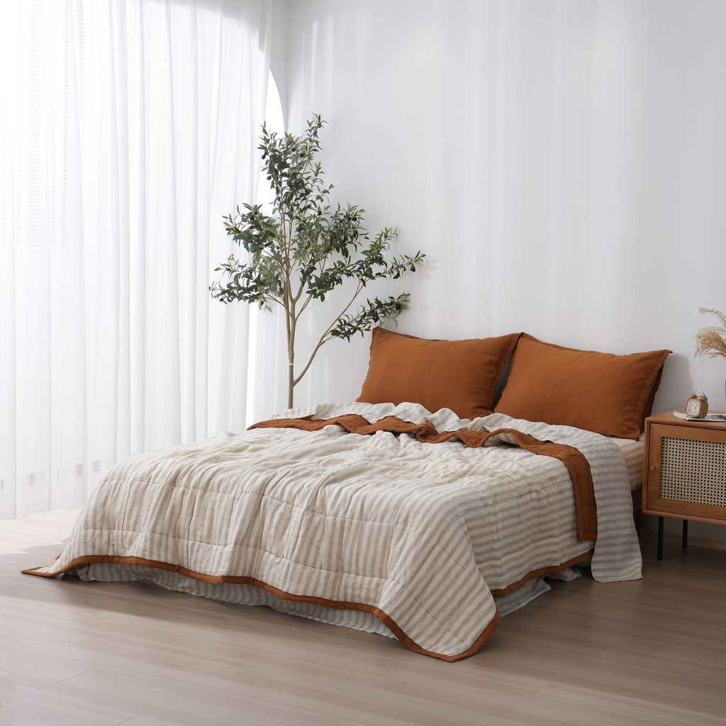 Quilted Linen Blanket - Clay + Sand Stripe