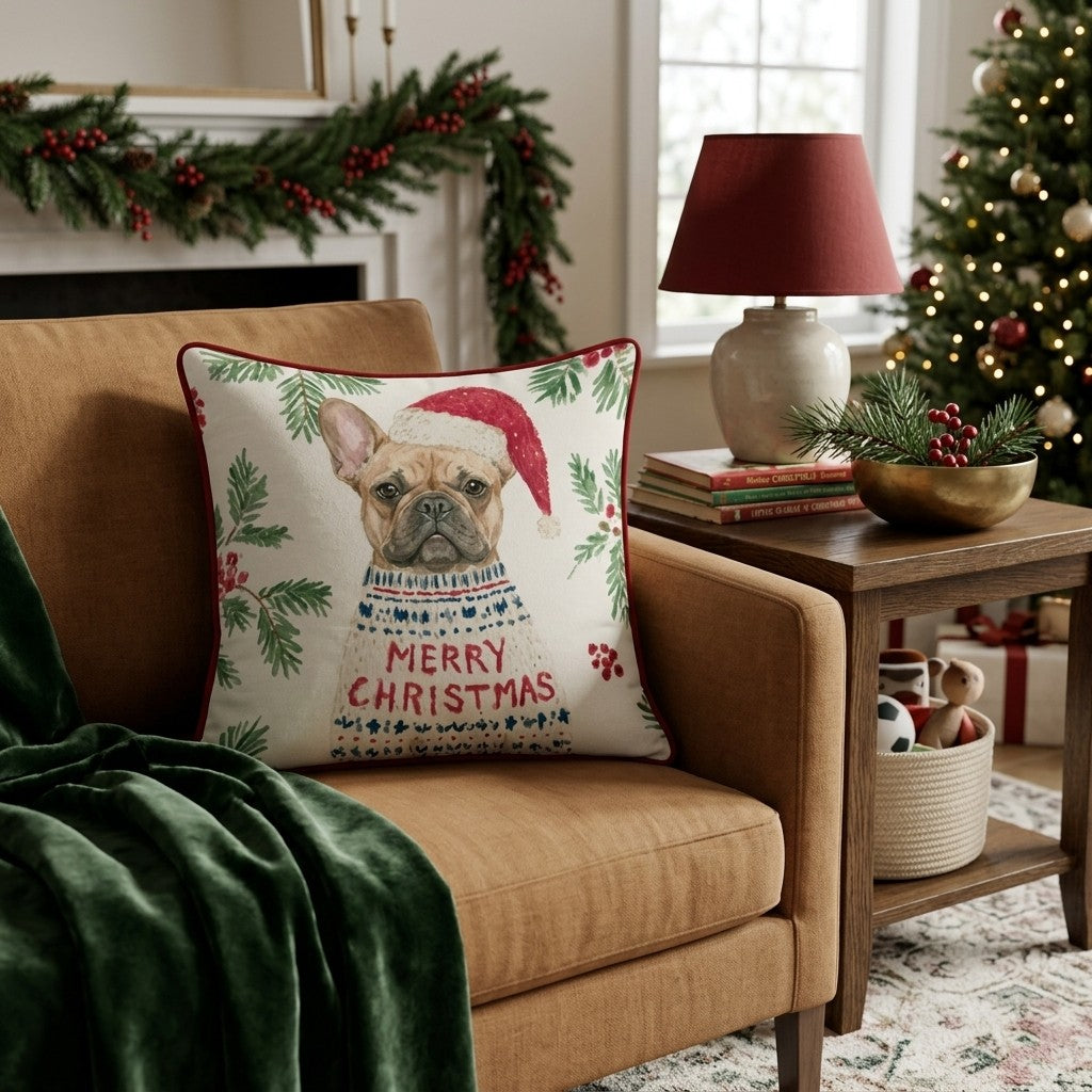 Frenchie Christmas Dressed Up Throw Pillow