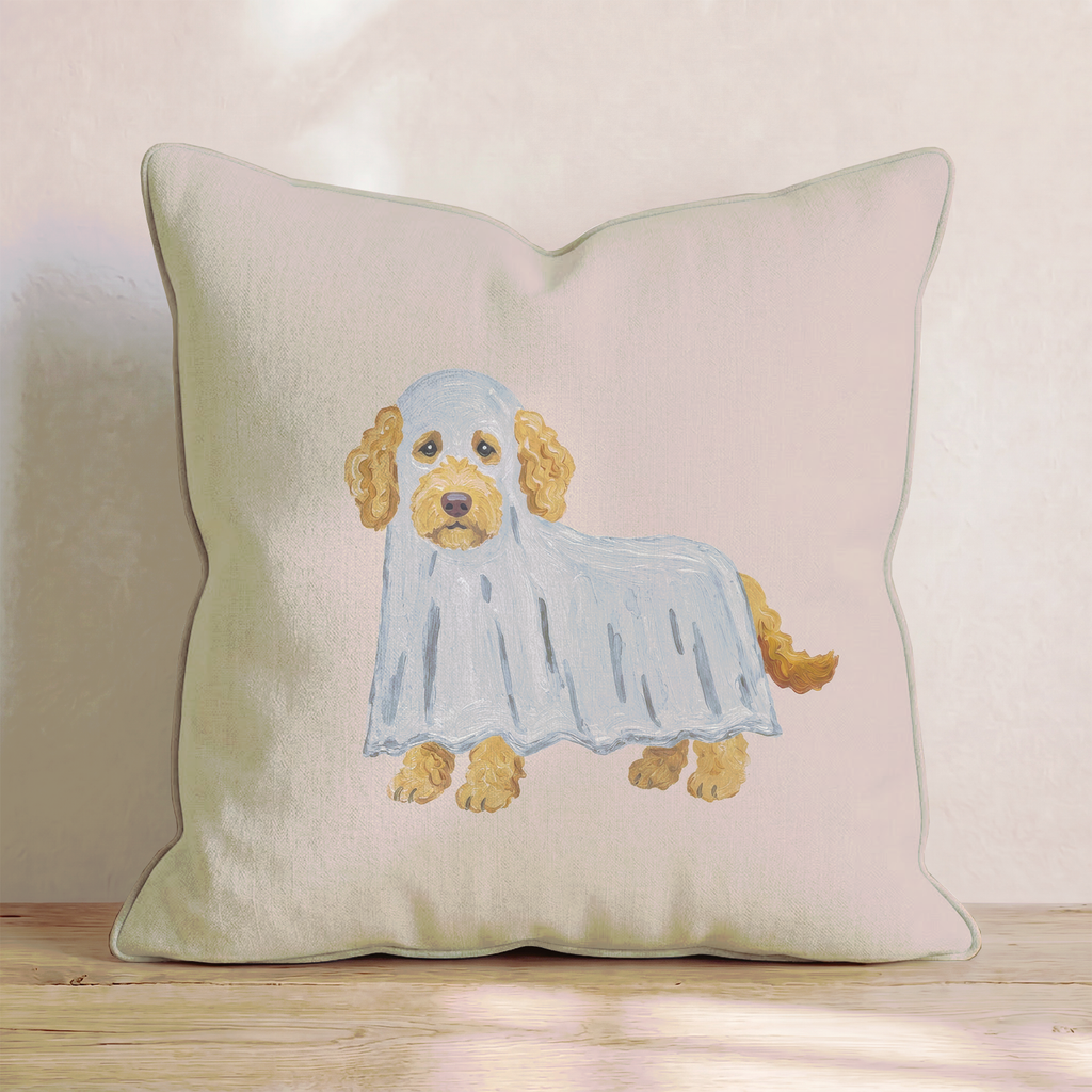 The Little Ghost Goldendoodle Throw Pillow