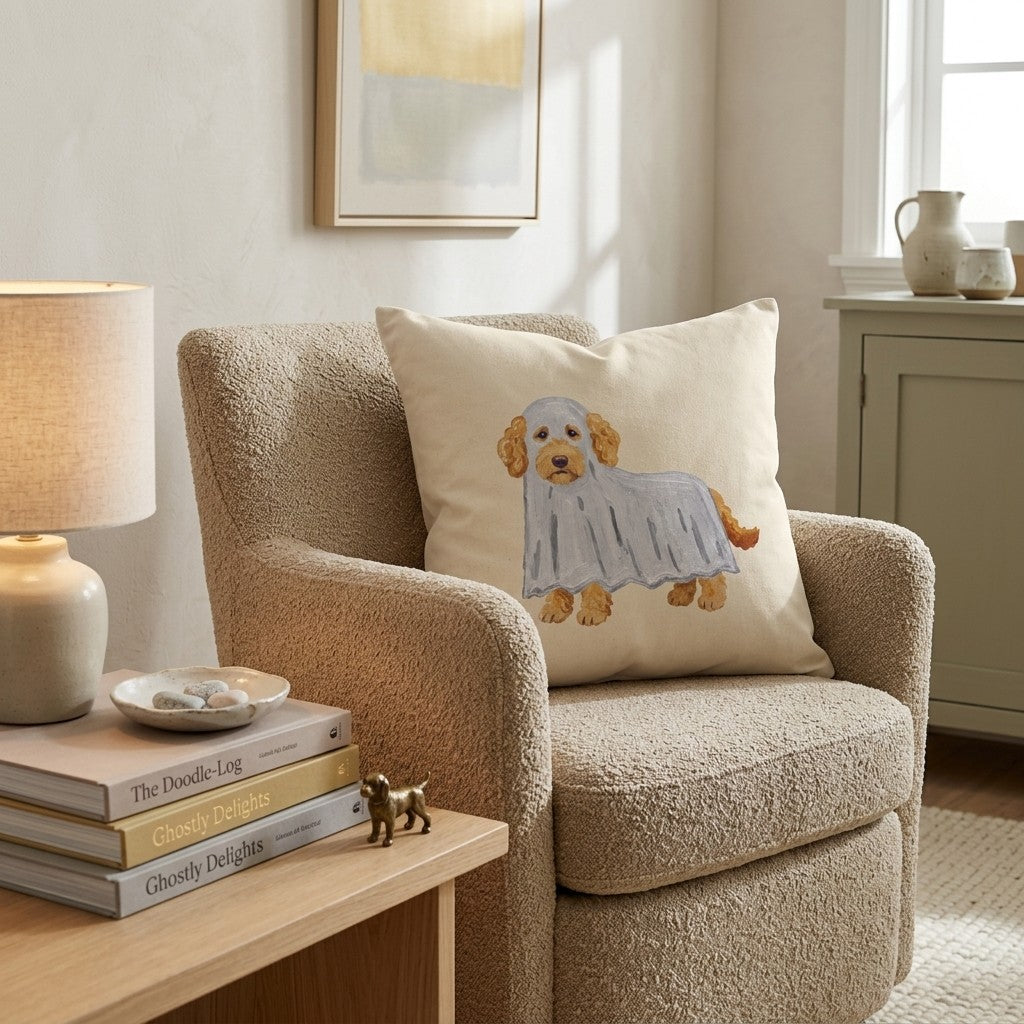 The Little Ghost Goldendoodle Throw Pillow