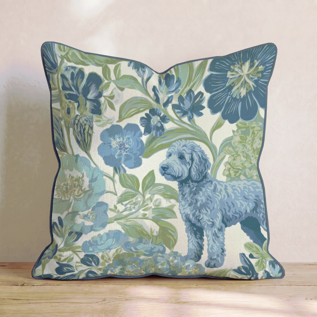 Goldendoodle in the Flowers Throw Pillow