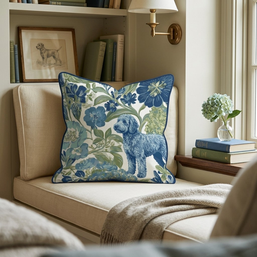 Goldendoodle in the Flowers Throw Pillow
