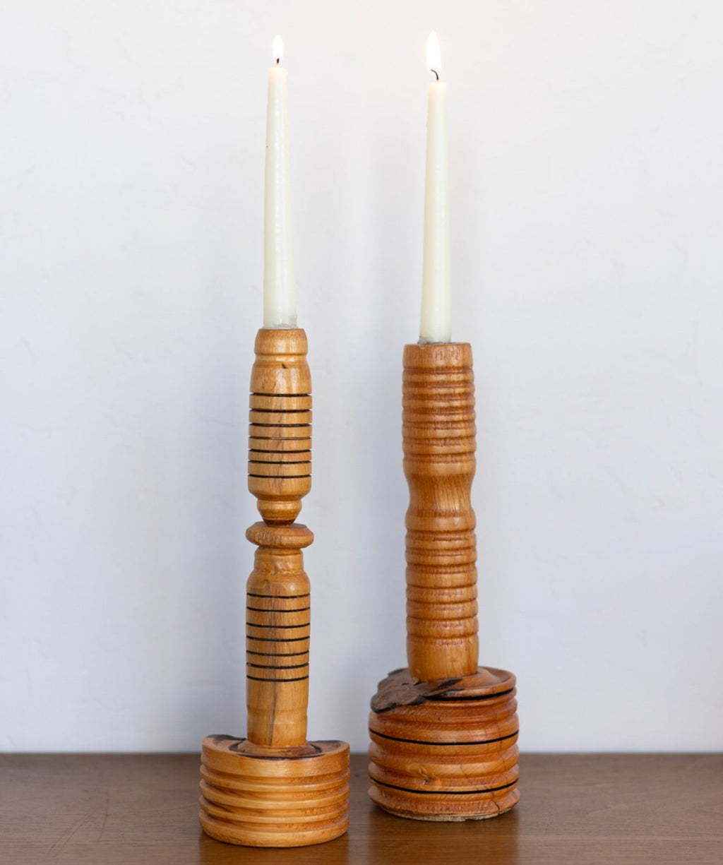 Turned wood candlesticks