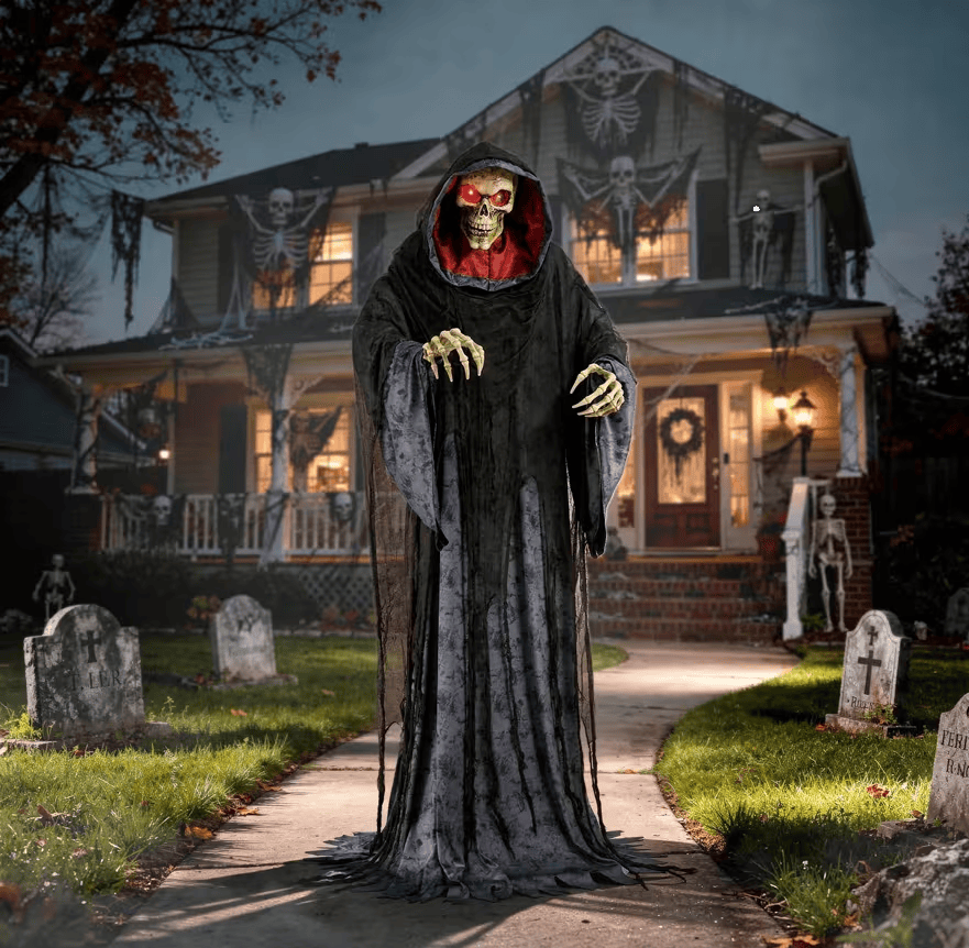 Rising Skeleton Reaper in Hooded Cloak Halloween Animatronic Decoration view 3