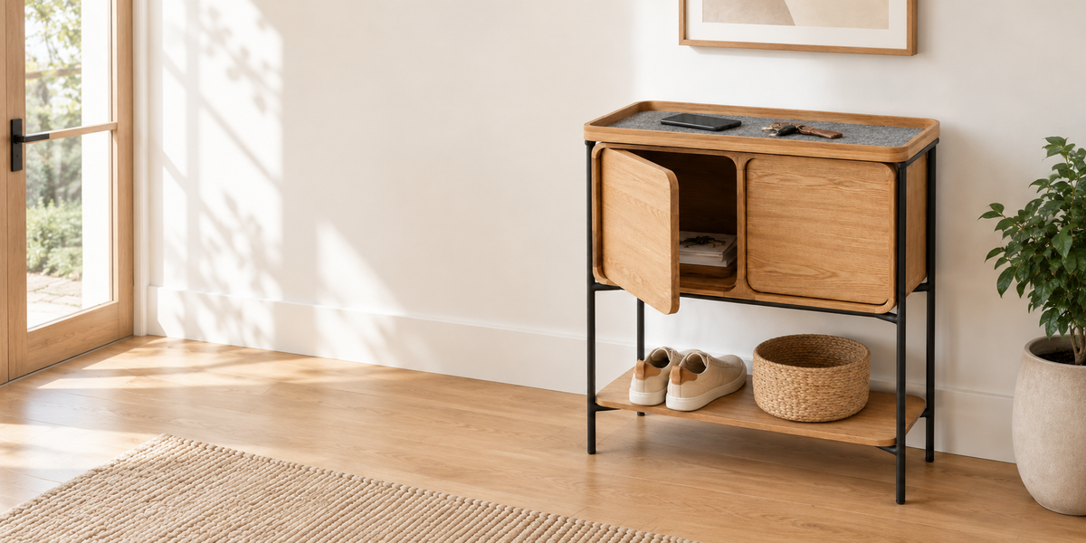 Natural oak entryway console with storage compartments and black metal frame