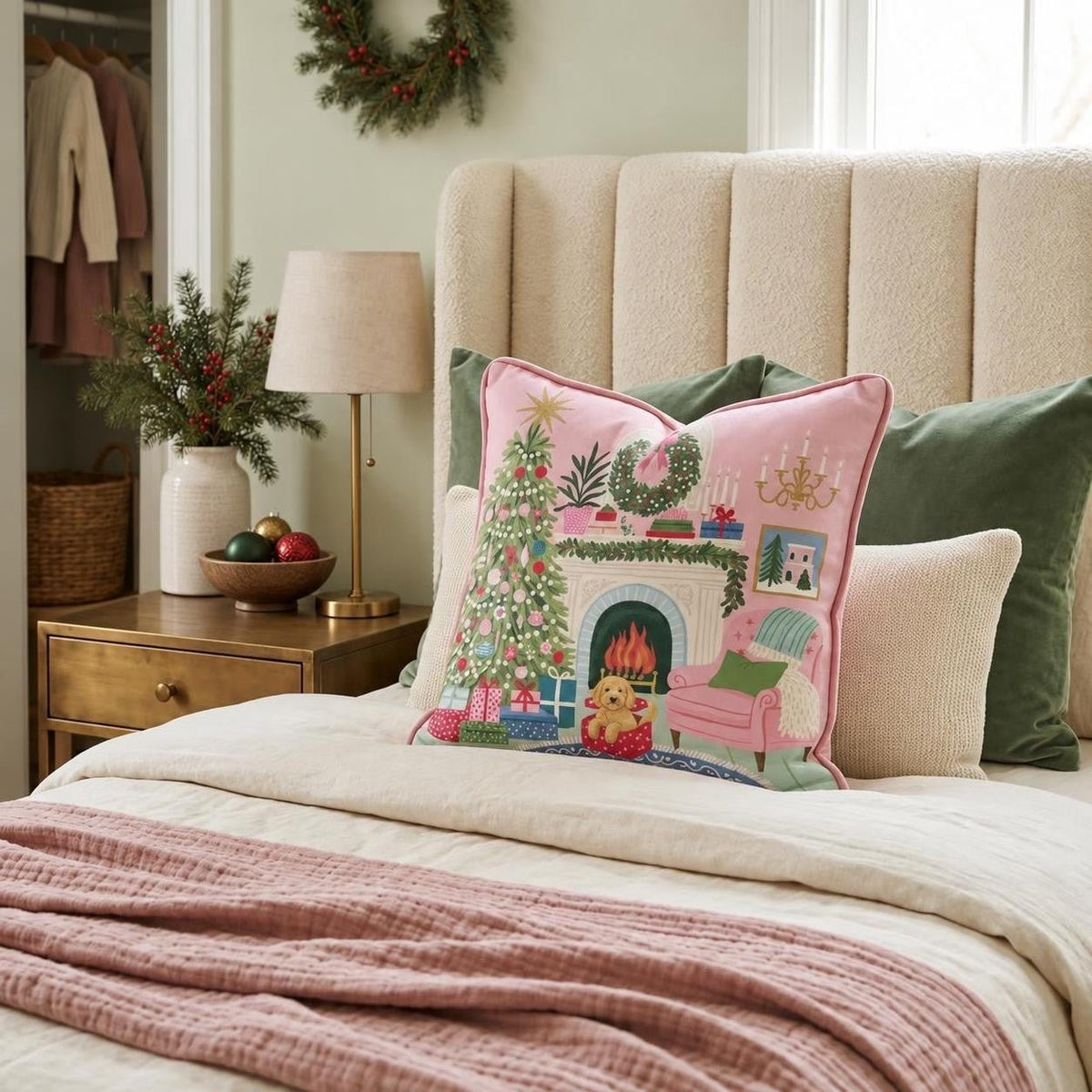Goldendoodle Christmas Parlor Throw Pillow